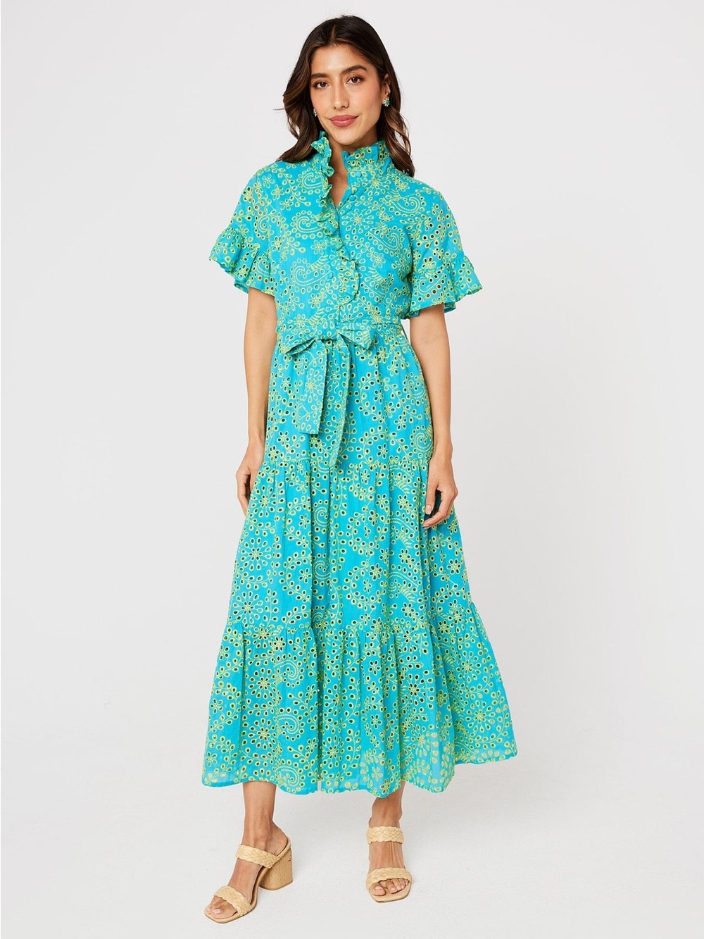 NWT Abbey Glass Sadie Maxi Dress Teal and Chartreuse Jasmine Eyelet Sz L